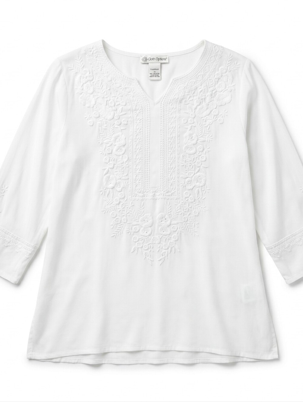 Cute Options White Rayon Embroidered Boho Tunic Blouse Top L Bell Sleeve Peasant
